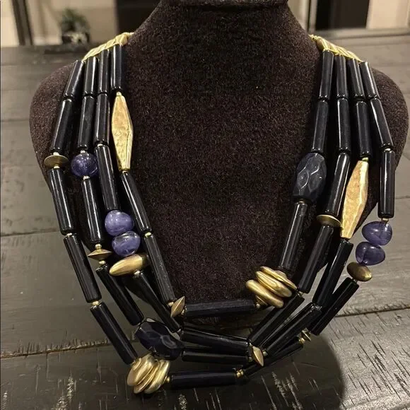 LARGE CHICOS NECKLACE BLUE MULTISTRAND BRUSHED GOLD TONE BEADS FASHION STATEMENT - Picture 1 of 7